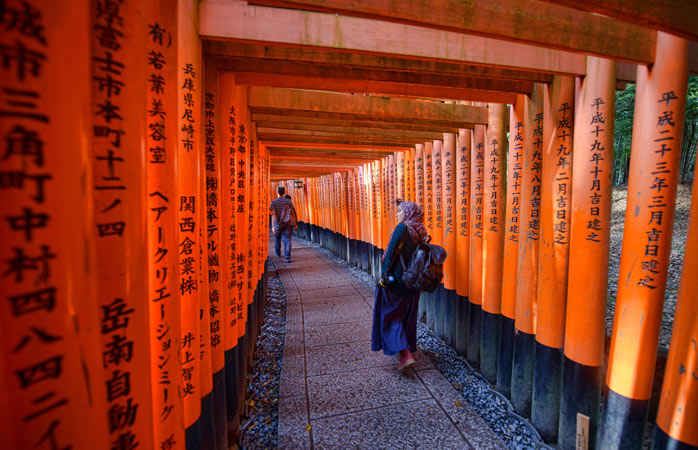 Porțile tradiționale japoneze cunoscute drept „torii” conduc către Altarul Fushimi Inari