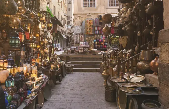Khan el-Khalili is a major market in the Islamic district of Cairo. The bazaar district is one of Cairo's main attractions for tourists and Egyptians